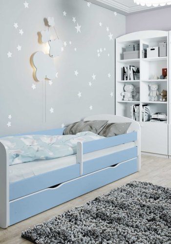 Classic 1 juniorseng, m. madras, sengehest, skuffe - hvid og bl laminat og MDF (180x80)