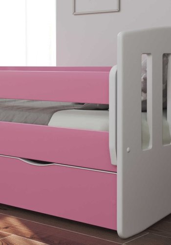 Classic 1 juniorseng, m. madras, sengehest, skuffe - hvid og lyserd laminat og MDF (140x80)