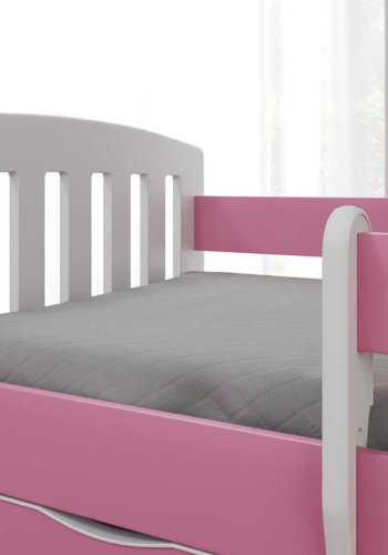 Classic 1 juniorseng, m. madras, sengehest, skuffe - hvid og lyserd laminat og MDF (180x80)