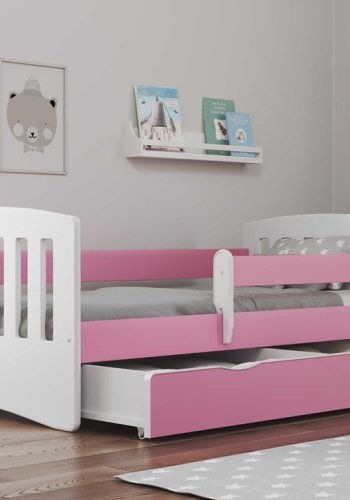 Classic 1 juniorseng, m. madras, sengehest, skuffe - hvid og lyserd laminat og MDF (180x80)