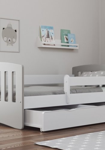 Classic 1 juniorseng, m. madras, sengehest, skuffe - hvid og gr laminat og MDF (140x80)