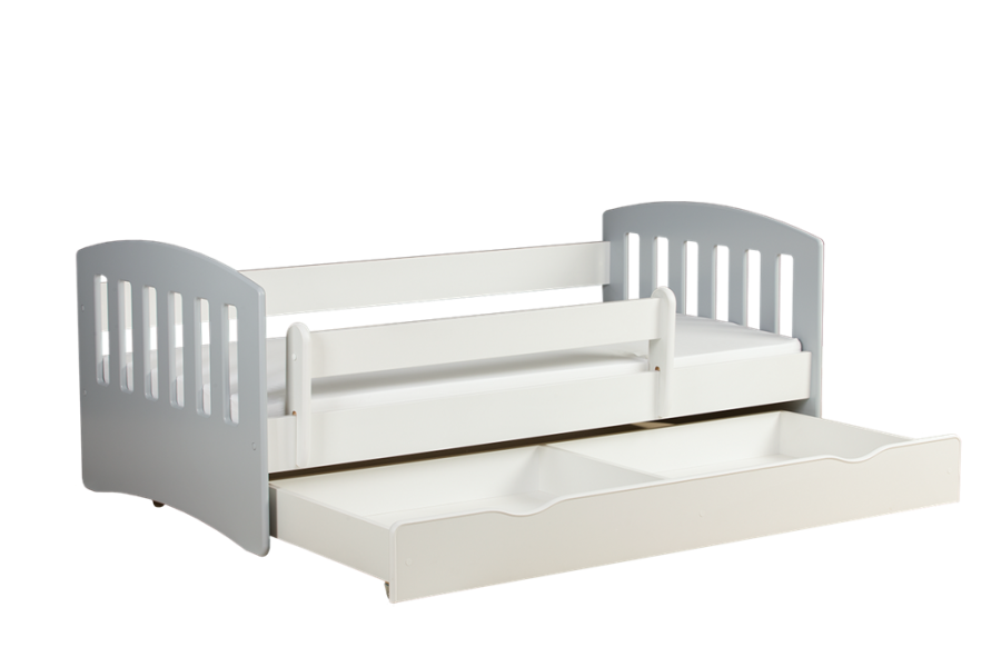 Classic 1 juniorseng, m. madras, sengehest, skuffe - hvid og gr laminat og MDF (180x80)