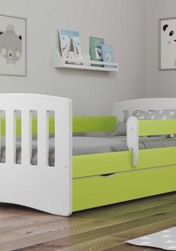 Classic 1 juniorseng, m. madras, sengehest, skuffe - hvid og grn laminat og MDF (140x80)