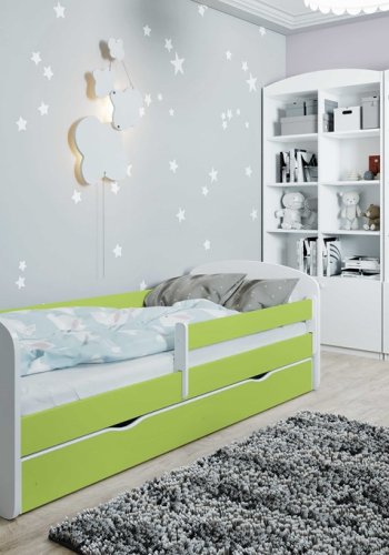 Classic 1 juniorseng, m. madras, sengehest, skuffe - hvid og grn laminat og MDF (180x80)
