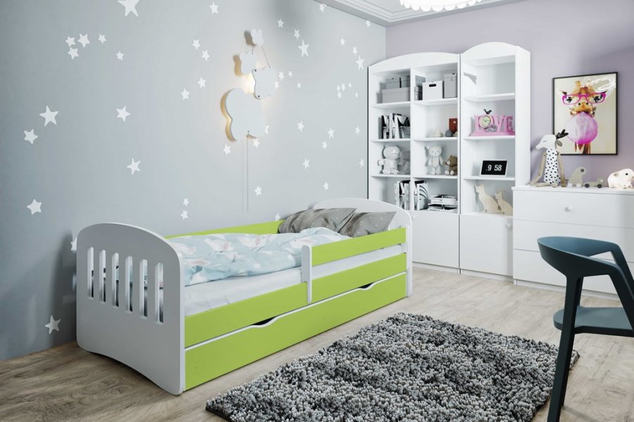 Classic 1 juniorseng, m. madras, sengehest, skuffe - hvid og grn laminat og MDF (180x80)