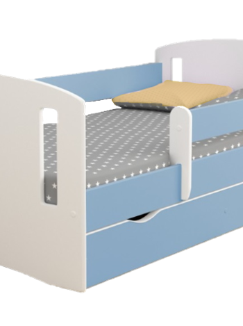 Classic 2 juniorseng, m. madras, sengehest, skuffe - hvid og bl laminat og MDF (140x80)