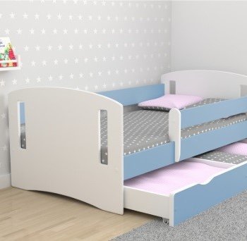 Classic 2 juniorseng, m. madras, sengehest, skuffe - hvid og bl laminat og MDF (160x80)