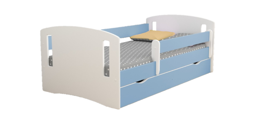 Classic 2 juniorseng, m. madras, sengehest, skuffe - hvid og bl laminat og MDF (180x80)