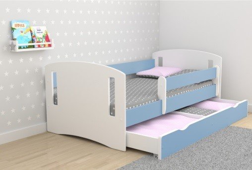 Classic 2 juniorseng, m. madras, sengehest, skuffe - hvid og bl laminat og MDF (180x80)