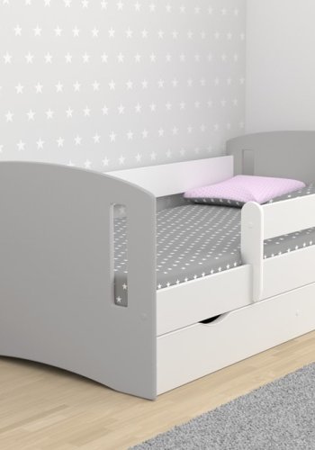 Classic 2 juniorseng, m. madras, sengehest, skuffe - hvid og gr laminat og MDF (140x80)