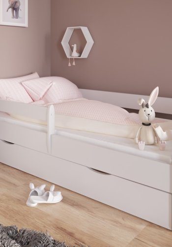 Julia juniorseng, m. madras, sengehest, skuffe - hvid laminat og MDF (180x80)