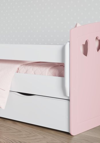 Julia juniorseng, m. madras, sengehest, skuffe - hvid og lyserd laminat og MDF (180x80)