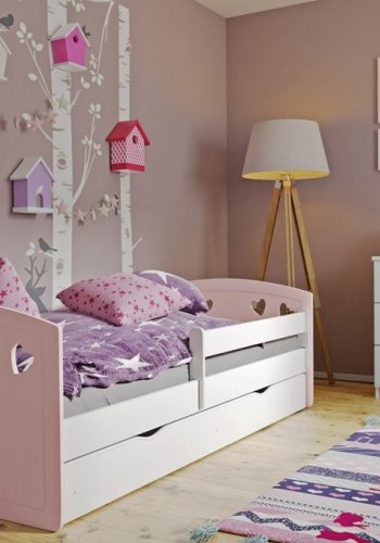 Julia juniorseng, m. madras, sengehest, skuffe - hvid og lyserd laminat og MDF (180x80)