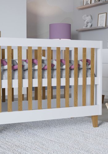 Kubi tremmeseng til baby, uden madras - hvid laminat og natur eg (120x60)