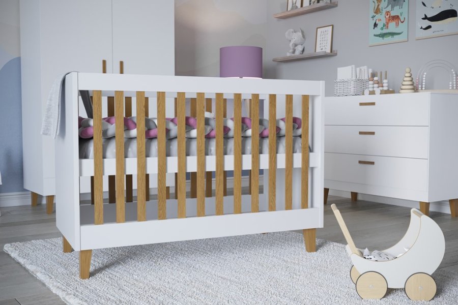 Kubi tremmeseng til baby, uden madras - hvid laminat og natur eg (120x60)