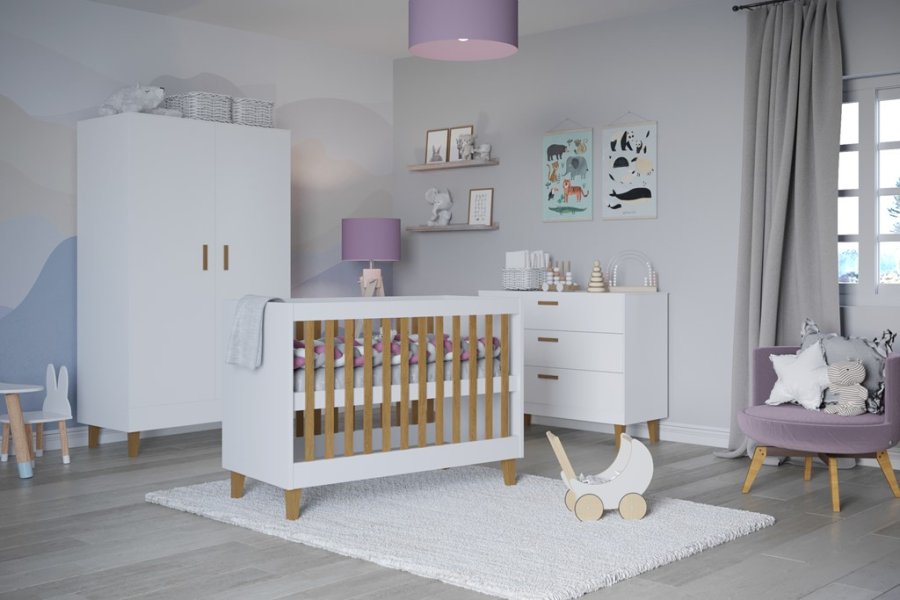 Kubi tremmeseng til baby, uden madras - hvid laminat og natur eg (120x60)