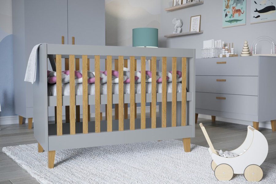 Kubi tremmeseng til baby, uden madras - gr laminat og natur eg (120x60)