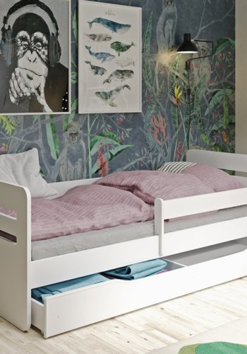 Tomi juniorseng, m. madras, sengehest, skuffe - hvid spnplade og MDF (180x80)