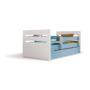 Tomi juniorseng, m. madras, sengehest, skuffe - hvid og bl spnplade og MDF (140x80)