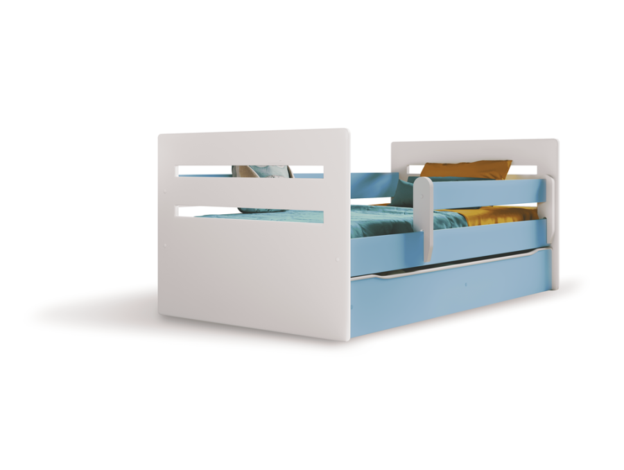 Tomi juniorseng, m. madras, sengehest, skuffe - hvid og bl spnplade og MDF (140x80)