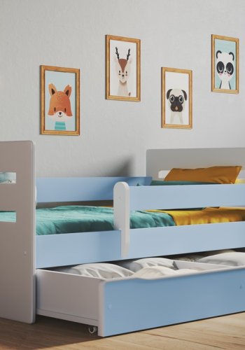 Tomi juniorseng, m. madras, sengehest, skuffe - hvid og bl spnplade og MDF (140x80)