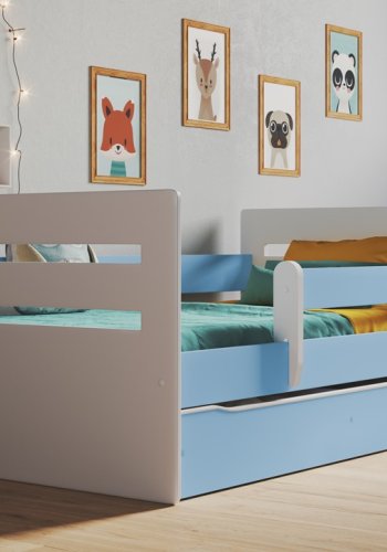 Tomi juniorseng, m. madras, sengehest, skuffe - hvid og bl spnplade og MDF (140x80)