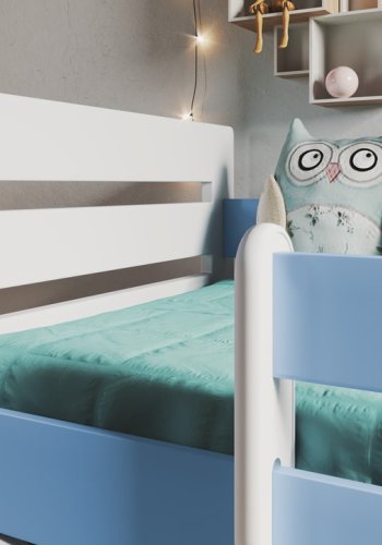 Tomi juniorseng, m. madras, sengehest, skuffe - hvid og bl spnplade og MDF (140x80)