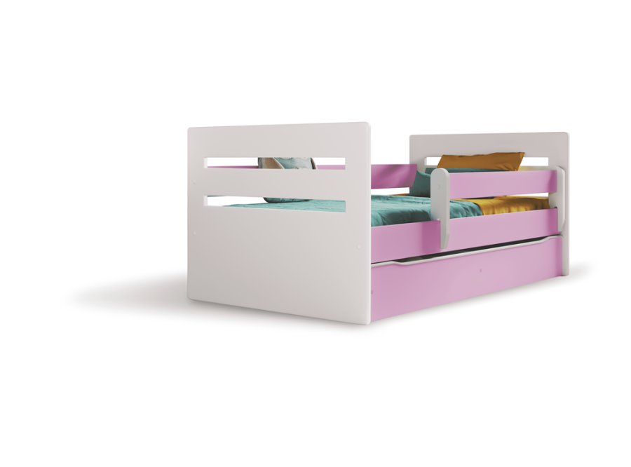 Tomi juniorseng, m. madras, sengehest, skuffe - hvid og lyserd spnplade og MDF (140x80)