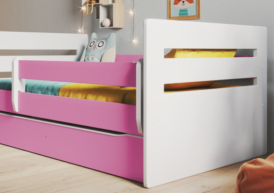 Tomi juniorseng, m. madras, sengehest, skuffe - hvid og lyserd spnplade og MDF (140x80)