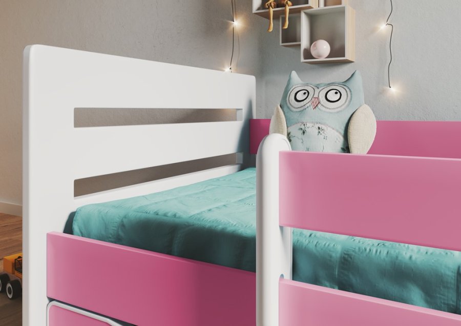 Tomi juniorseng, m. madras, sengehest, skuffe - hvid og lyserd spnplade og MDF (140x80)