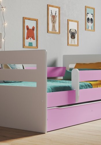 Tomi juniorseng, m. madras, sengehest, skuffe - hvid og lyserd spnplade og MDF (160x80)