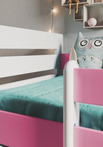 Tomi juniorseng, m. madras, sengehest, skuffe - hvid og lyserd spnplade og MDF (160x80)