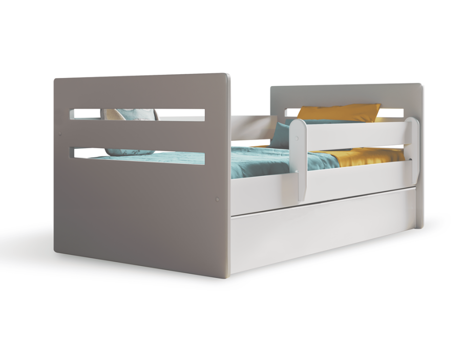 Tomi juniorseng, m. madras, sengehest, skuffe - hvid og gr spnplade og MDF (140x80)