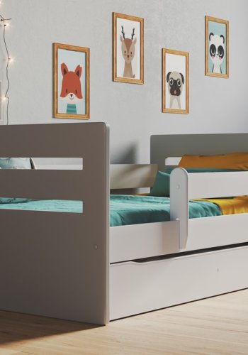 Tomi juniorseng, m. madras, sengehest, skuffe - hvid og gr spnplade og MDF (140x80)