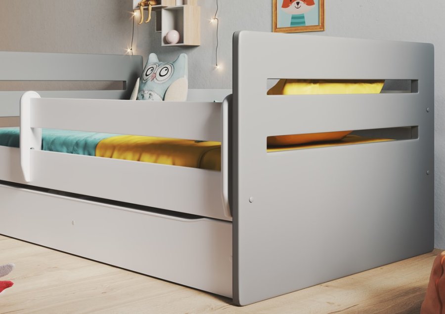 Tomi juniorseng, m. madras, sengehest, skuffe - hvid og gr spnplade og MDF (140x80)