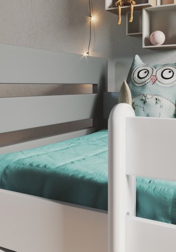 Tomi juniorseng, m. madras, sengehest, skuffe - hvid og gr spnplade og MDF (140x80)