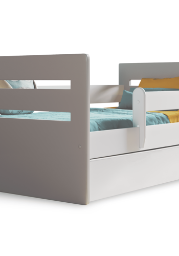 Tomi juniorseng, m. madras, sengehest, skuffe - hvid og gr spnplade og MDF (160x80)