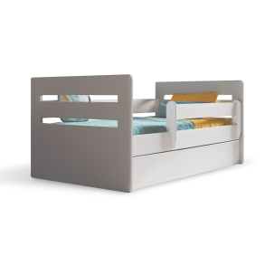 Tomi juniorseng, m. madras, sengehest, skuffe - hvid og gr spnplade og MDF (180x80)