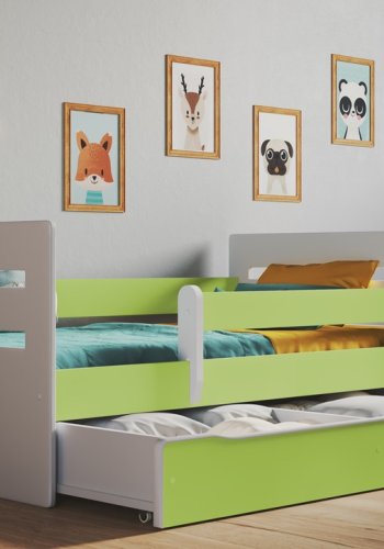 Tomi juniorseng, m. madras, sengehest, skuffe - hvid og grn spnplade og MDF (140x80)