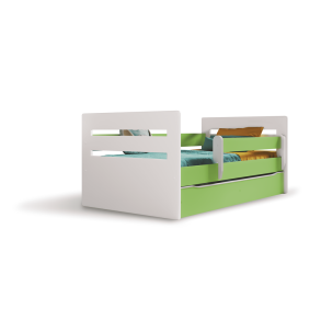 Tomi juniorseng, m. madras, sengehest, skuffe - hvid og grn spnplade og MDF (160x80)