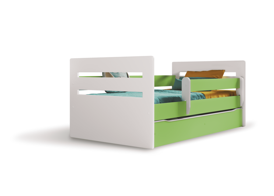 Tomi juniorseng, m. madras, sengehest, skuffe - hvid og grn spnplade og MDF (160x80)