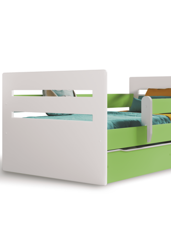 Tomi juniorseng, m. madras, sengehest, skuffe - hvid og grn spnplade og MDF (180x80)