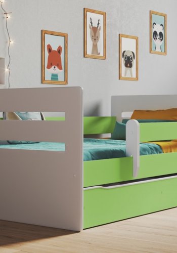 Tomi juniorseng, m. madras, sengehest, skuffe - hvid og grn spnplade og MDF (180x80)