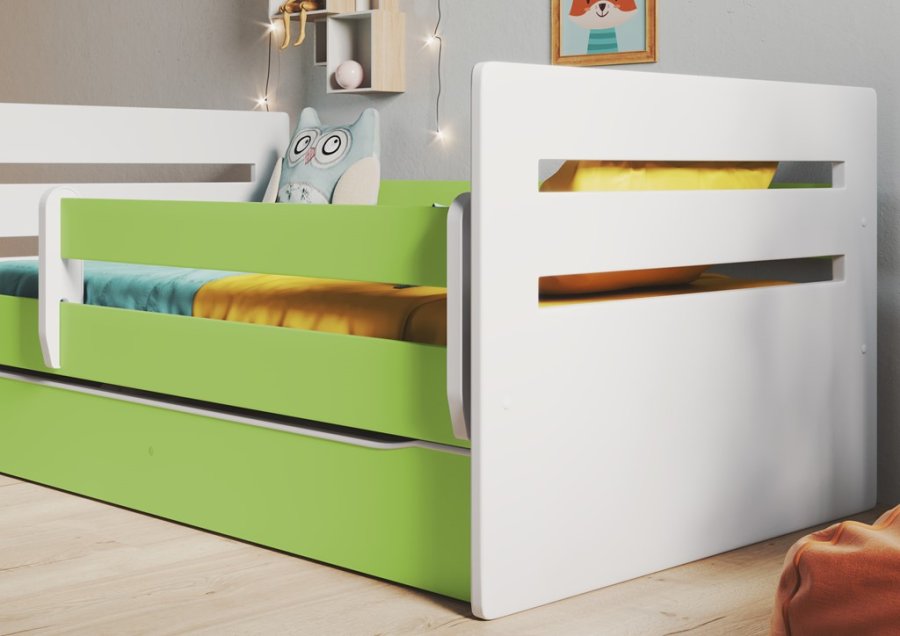 Tomi juniorseng, m. madras, sengehest, skuffe - hvid og grn spnplade og MDF (180x80)