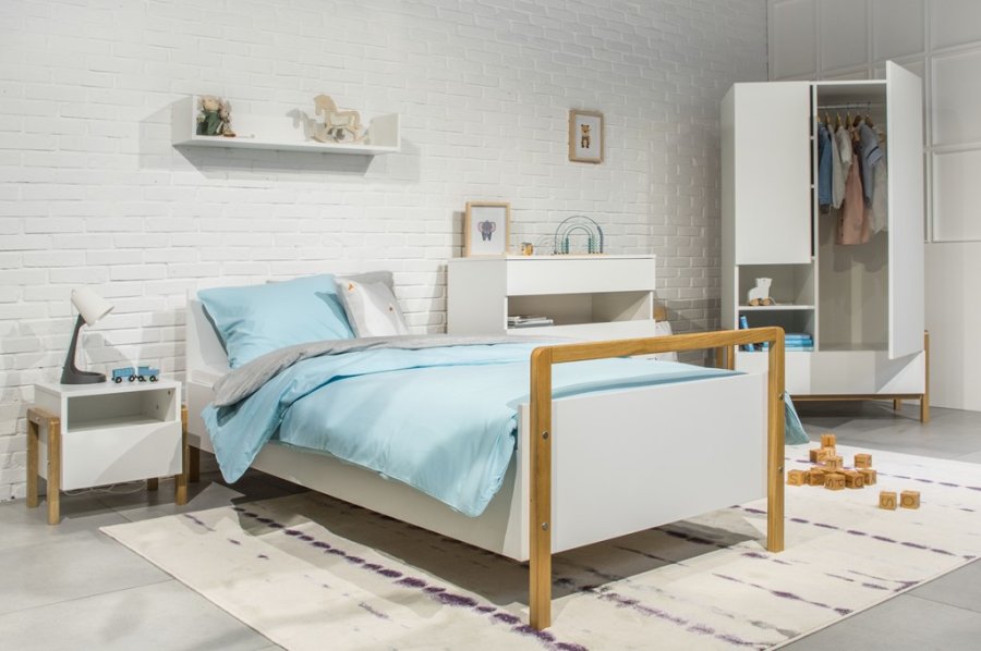 Victor juniorseng, inkl. lamelbund, uden madras - hvid laminat og natur eg (180x80)