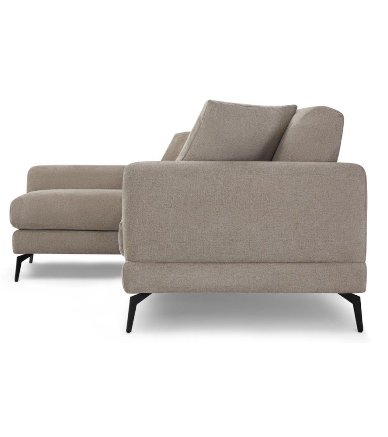 Maggie sofa, m. venstre chaiselong og 4 pyntepuder - brun stof og sort metal