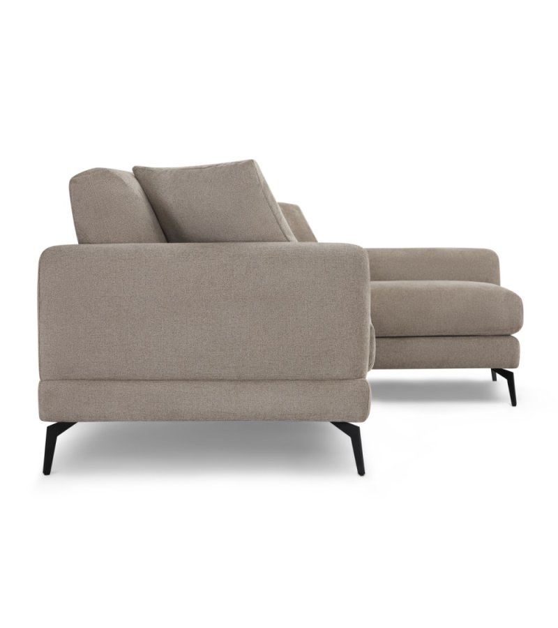 Maggie sofa, m. hjre chaiselong og 4 pyntepuder - brun stof og sort metal