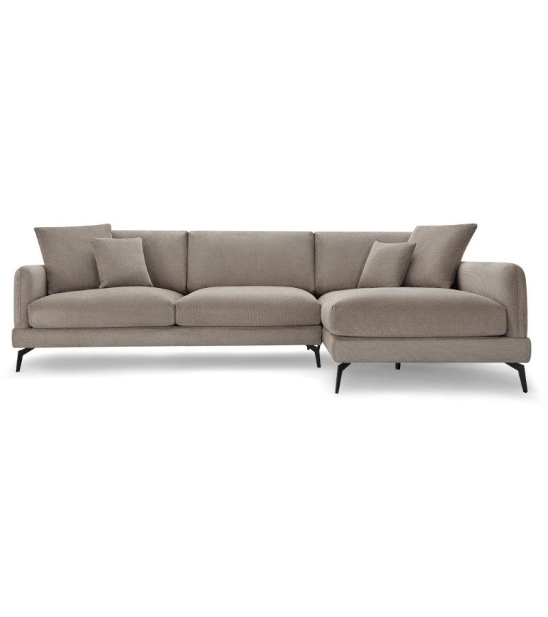 Maggie sofa, m. hjre chaiselong og 4 pyntepuder - brun stof og sort metal