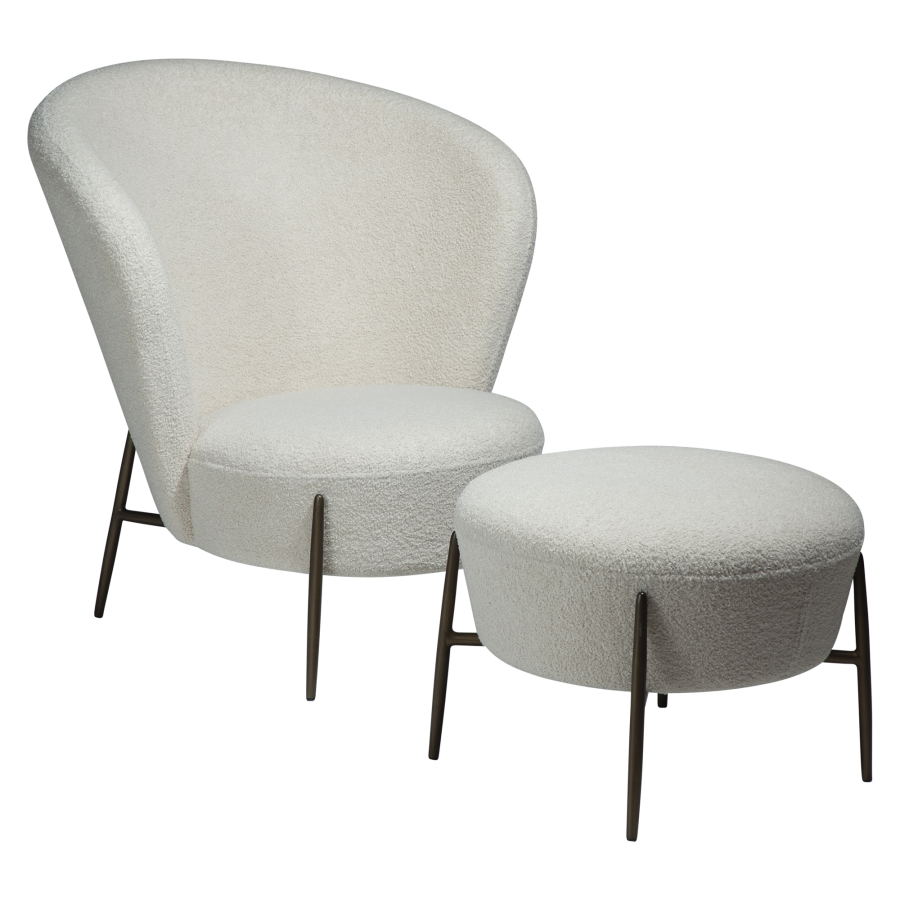 DAN-FORM ORBIT Lounge Chair Dove RPES bouclé stof m. antikke messing ben