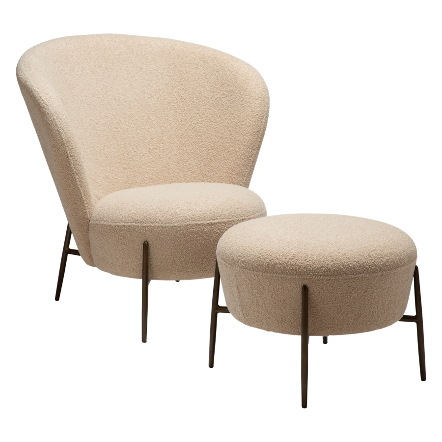DANFORM Orbit loungestol - matteret mandel RPES boucléstof m. glimmer og antik messing stl